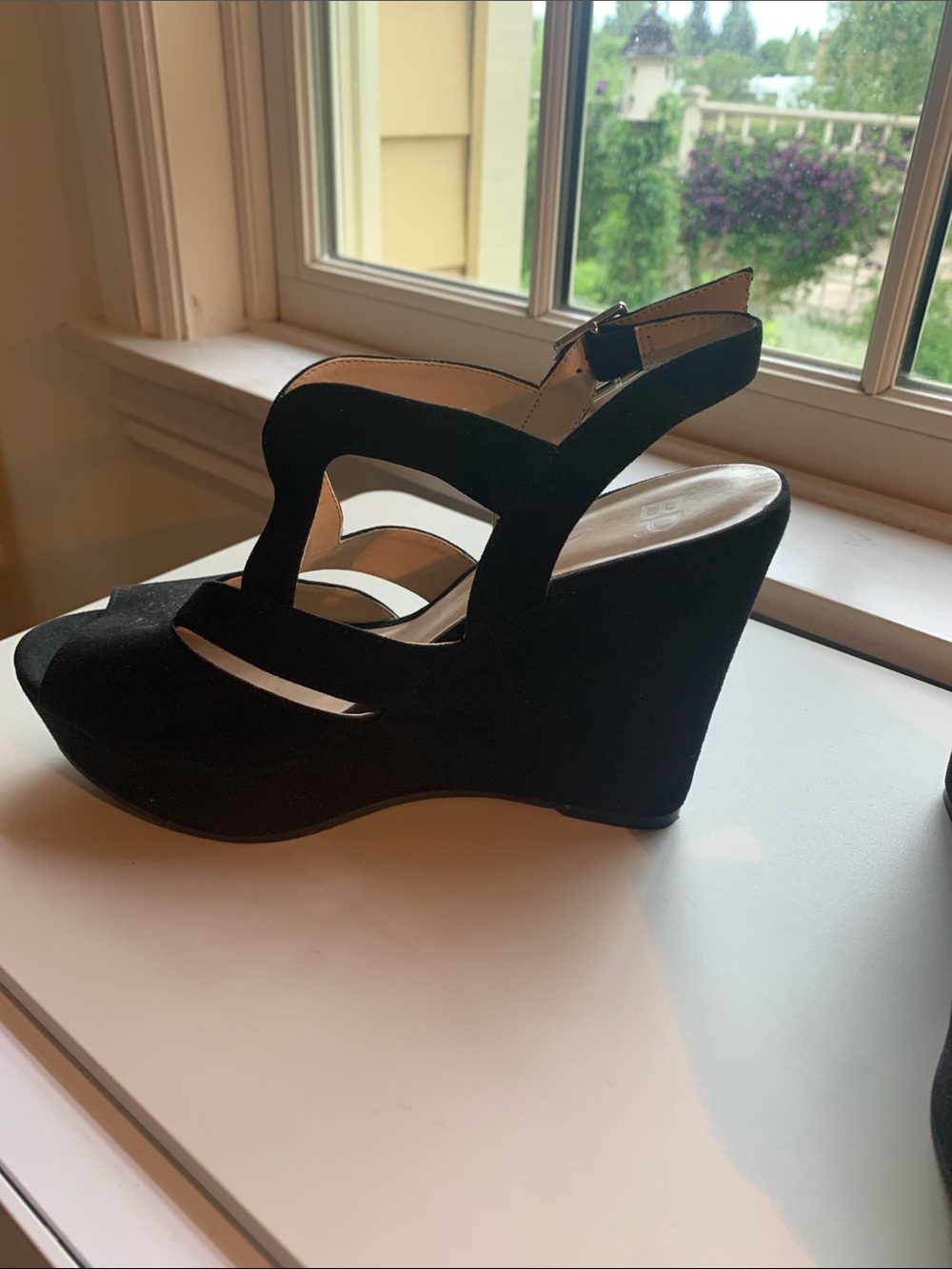 bp Black Suede Strappy Peep-Toe Wedge Sandals